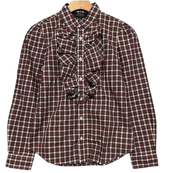 Polo Ralph Lauren Other - Polo Ralph Lauren 12 Red Green Plaid Long Sleeve Ruffle Front Button Down Shirt